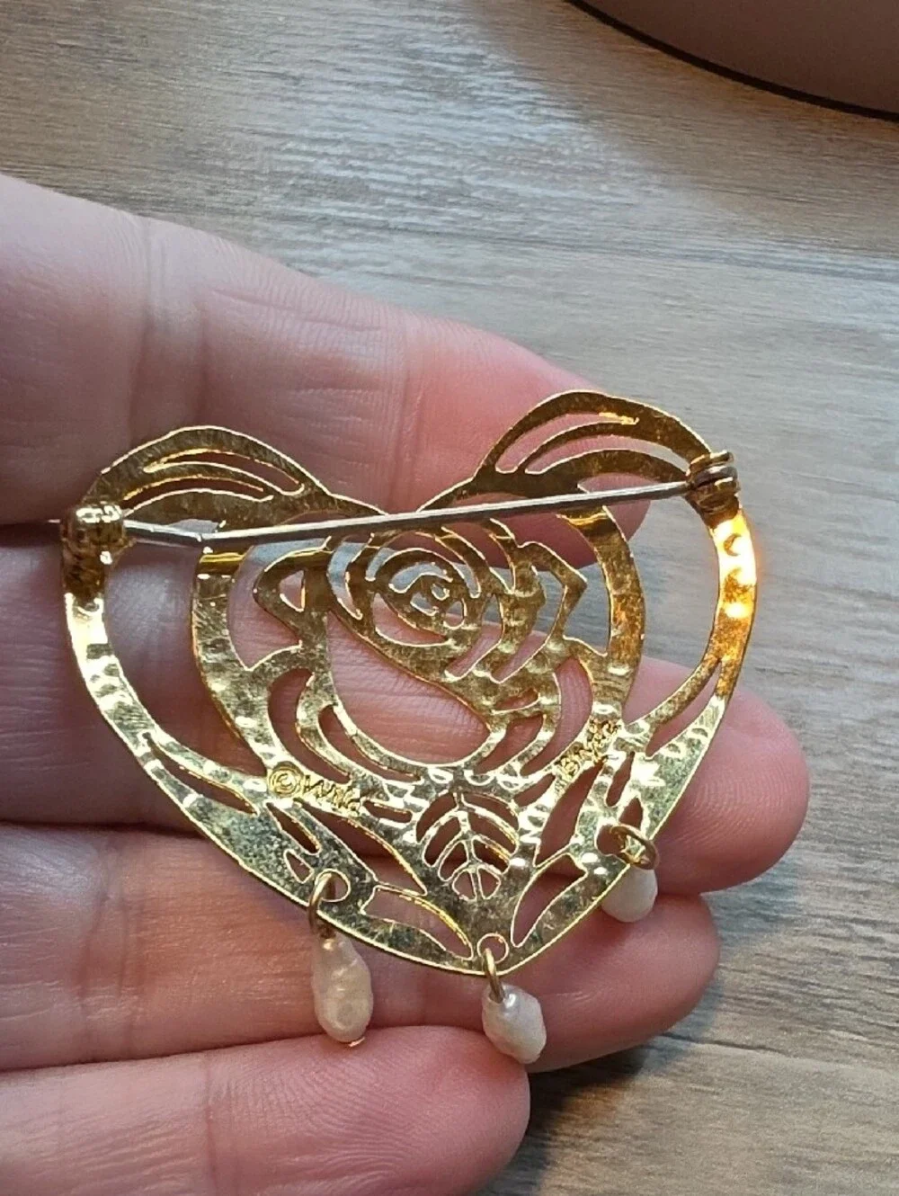 Gold Heart Filigree Brooch with Pearl Drops